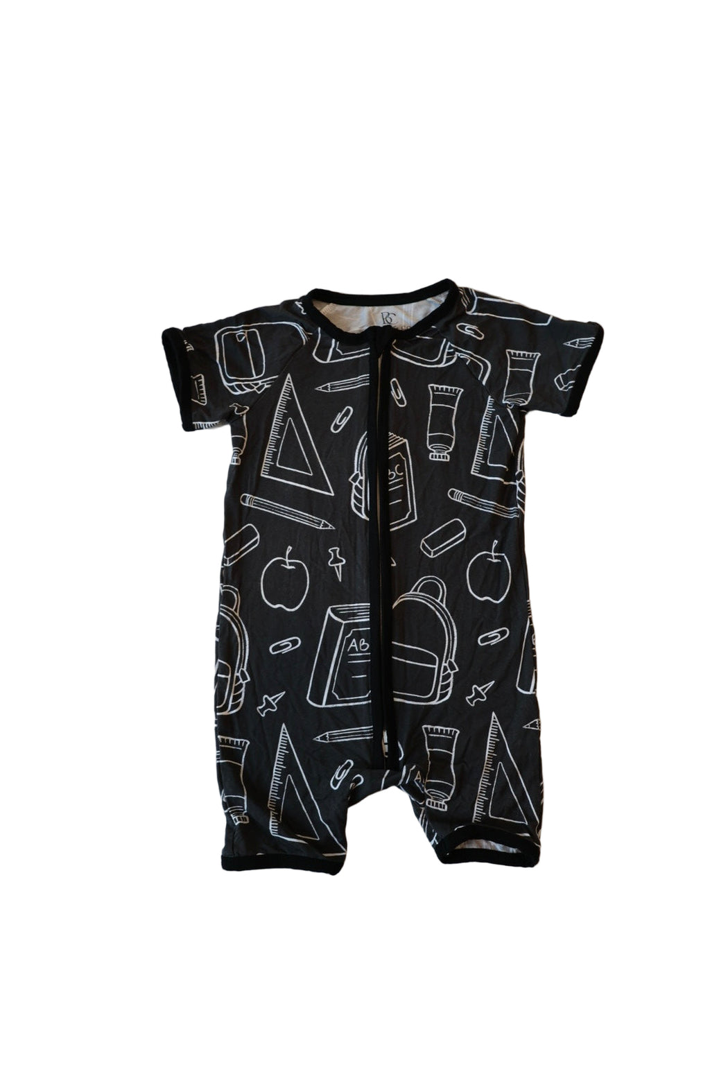 Black baby romper with white patterns on a white background