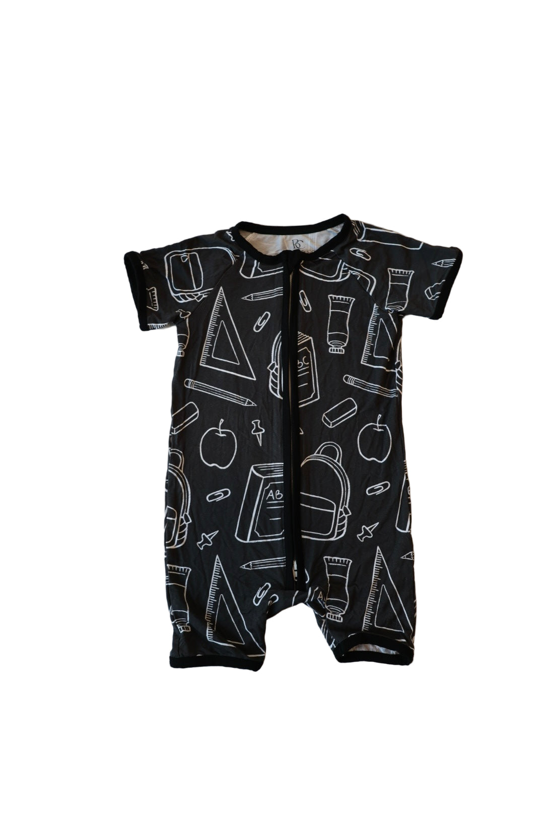 Black baby romper with white patterns on a white background